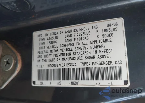 2006 Honda Accord 2.4 Ex z USA, uszkodzony, nr VIN 1HGCM56746A123324